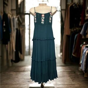 Embroidered Floral Tiered Midi Dress | Open Back | Boho Cottagecore Size XS